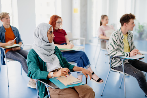 A portrait of multiethnic group of university students sitting in classroom indoors, studying.