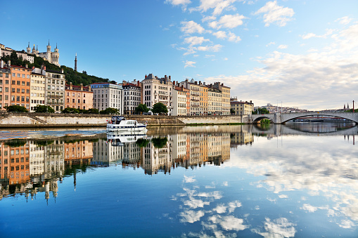 Panoramic view of Lyon with Basilica Notre Dame de Fourviere, France