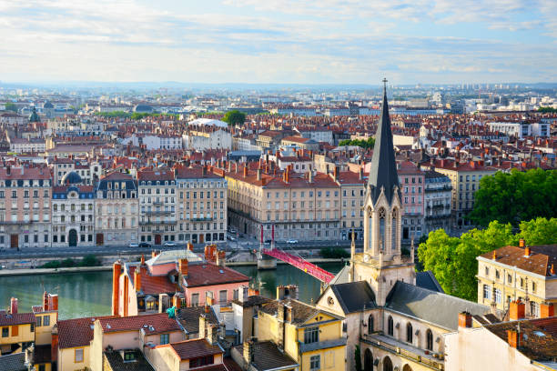Aerial view of Lyon, France Aerial view of Lyon old town with Saint-Georges church, France lyon photos stock pictures, royalty-free photos & images