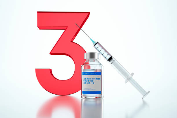 Third Vaccination Covid-19 Third vaccination concept with syringe and bottle of vial with number three  - 3D illustration booster dose stock pictures, royalty-free photos & images