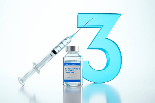 Third Vaccination Covid-19 Third vaccination concept with syringe and bottle of vial with number three  - 3D illustration booster dose stock pictures, royalty-free photos & images