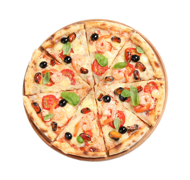 istock Tasty pizza with seafood isolated on white, top view 1338017531