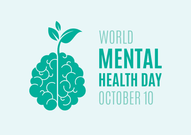 World Mental Health Day vector Human brain with growing plant icon vector. Human brain with sprout green silhouette icon vector. Mental Health Day Poster, October 10. Important day World Mental Health Day stock illustrations