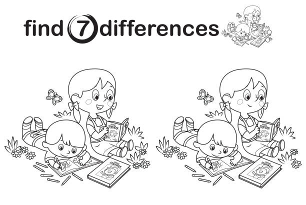 Black And White Find differences, Children working and reading book in the park Vector Black And White Find differences, Children working and reading book in the park kid doing homework clip art stock illustrations