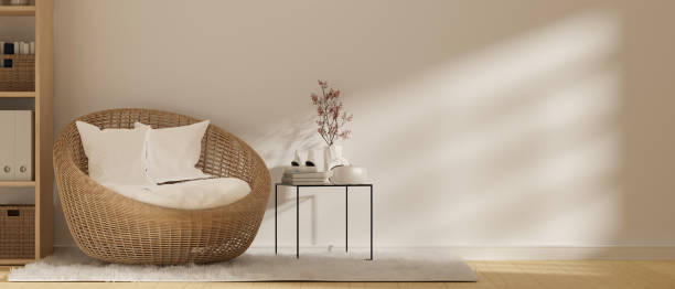 istock Scandinavian living room style, comfortable wicker round chair, 3d rendering 1338019214