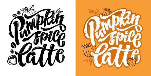 czas na kawę - urocza ręcznie rysowana etykieta z napisami doodle / latte z przyprawami dyni. kawa na wychod! - pumpkin latté coffee spice stock illustrations