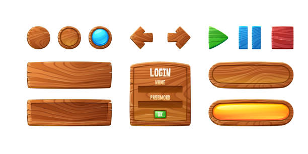 drewniane przyciski do gry ui, elementy gui - log on password interface icons template stock illustrations