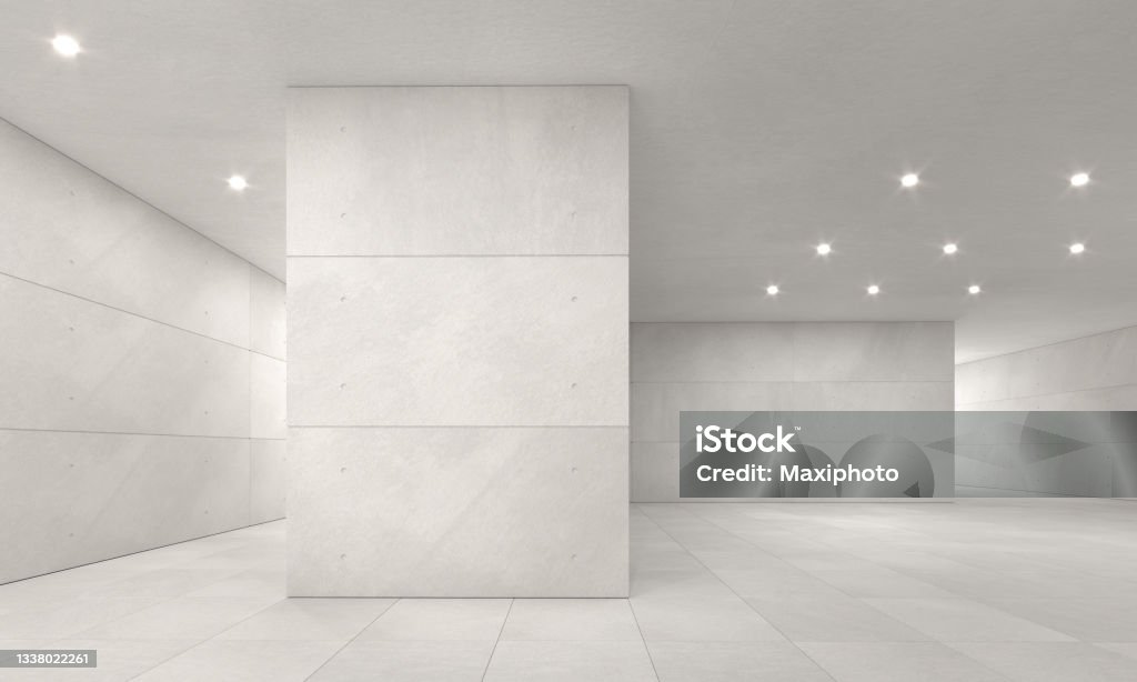 Exhibition space with empty walls, front view Front view with flat surfaces of exhibition gallery with empty walls illuminated by bright light. Suitable as art or museum space. Polished stone surfaces. No people, copy space. Digitally generated image. Art Museum Stock Photo