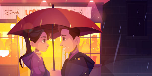 istock Love story, couple stand under umbrella at rain 1338024679