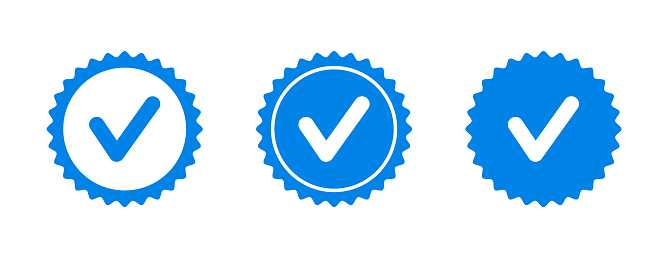 Set of check mark badges. Profile verification icon. Approved icon. Badges of approval, quality, accept and verified. Vector illustration.