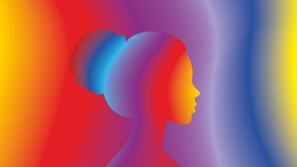 Colorful abstract profile of woman. Vector illustration. Creativity, changes, shades or phases of woman in life. Neutral in ethnicity. Only blends in the design. 1:9 format. EPS10. woman on colored background stock illustrations