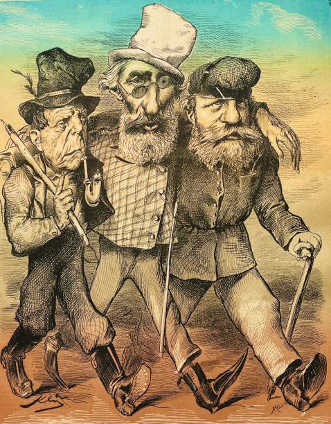 ilustrações de stock, clip art, desenhos animados e ícones de three politicians walking and looking for new regions to collect taxes - president men cartoon old