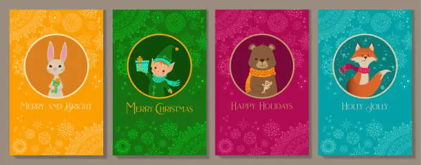 Vector illustration of Festive Christmas greeting cards vector templates set. Merry Christmas posters designs pack.