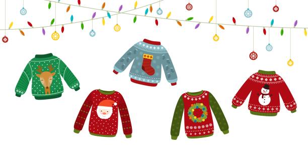 Ugly sweater banner. Celebrating, christmas sweaters and garlands. Happy new year, winter holiday poster. Warm jumper recent vector elements Ugly sweater banner. Celebrating, christmas sweaters and garlands. Happy new year, winter holiday poster. Warm jumper recent vector elements. Illustration of sweater to winter holiday celebration christmas sweater stock illustrations