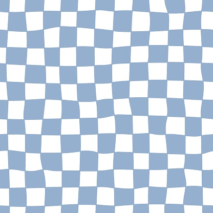 Distorted checkered seamless pattern. Hand-drawn blue check. Trendy 70s style. Great for surface design, fabric, stationery.