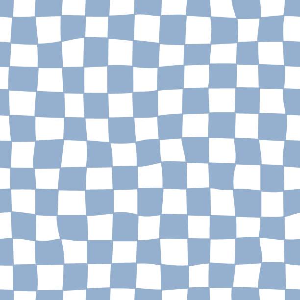 Distorted checkered seamless pattern. Hand-drawn blue check. Trendy 70s style. vector art illustration