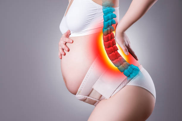 bóle porodowe, przepuklina kręgosłupa lędźwiowego, przepuklina dysku kręgowego, kobieta w ciąży z bólem pleców na szarym tle - human spine human vertebra disk spinal zdjęcia i obrazy z banku zdjęć