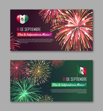 16 de Septiembre Viva La Independencia Mexico banners set. National day of Mexico country celebration backgdrop, greeting card, poster with colorful fireworks realistic vector illustration