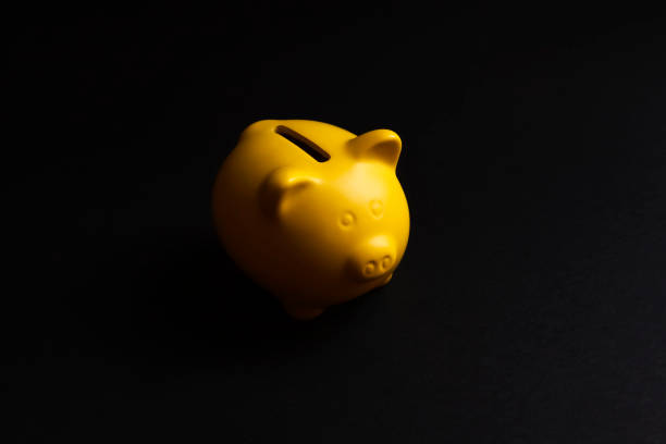 istock Yellow piggy bank on black background 1338039782