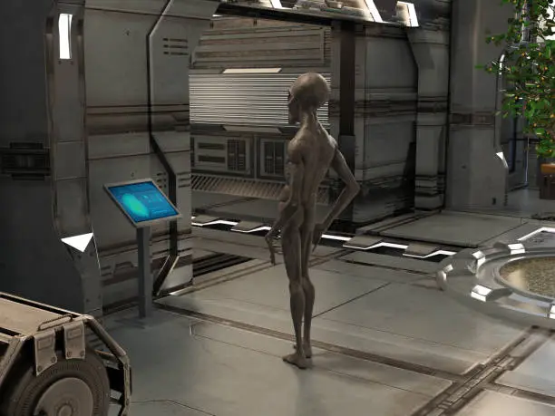 3d illustration of an alien looking at a readout display while standing in a room inside a spaceship.
