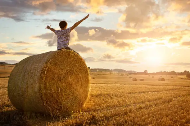 Photo of Boy sitting on a hay bale with arms raised in summer watching the sunset