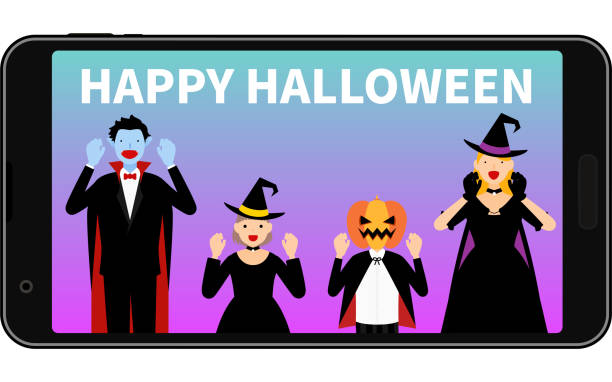 istock Online Halloween party on your phone, Dracula, the Witch and the Jack-o-lantern 1338044251