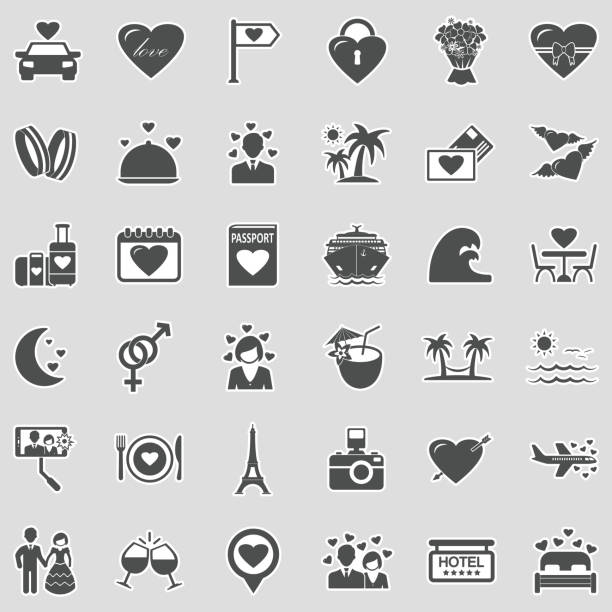 ilustraciones, imágenes clip art, dibujos animados e iconos de stock de iconos de luna de miel. diseño de pegatinas. ilustración vectorial. - honeymoon wedding paris france bride