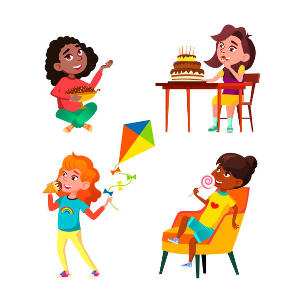 illustrations, cliparts, dessins animés et icônes de les écolières mangent de délicieux bonbons set vector - flavored ice lollipop candy affectionate