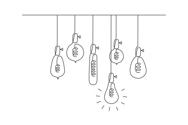 1つの輝きを持つ吊り下げロフト電球の1つの連続した線画。シンプルな落書きスタイルで創造的なアイデアの概念。編集可能なストローク。ベクトルの図 - エジソン電球点のイラスト素材／クリップアート素材／マンガ素材／アイコン素材