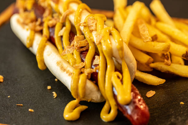 Close up of hot dog with mustard