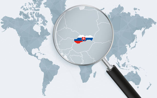 world map with a magnifying glass pointing at slovakia. map of slovakia with the flag in the loop. - slovakia stock illustrations