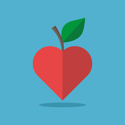Red ripe heart-shaped apple with green leaf and twig isolated on blue background. Love, health and diet concept. Flat design. Vector illustration. No gradients, no transparency
