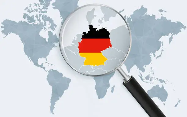 Vector illustration of World map with a magnifying glass pointing at Germany. Map of Germany with the flag in the loop.