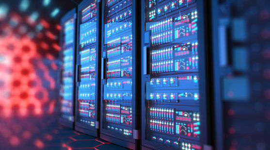 Computer server details in a room glowing with blue and red neon light. Computer network equipment, data center and cloud computing system, artificial intelligence unit. Digitally generated image.