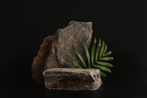 Rock podium on the black background with tropical leaves. Stone podest for product, cosmetic presentation. Creative mock up. Pedestal or platform for beauty products