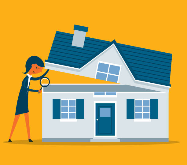 ilustrações de stock, clip art, desenhos animados e ícones de home inspection - businesswoman - quality control examining house residential structure