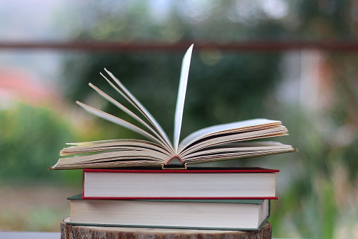 Stack of hardcover books in a garden. Selective focus.