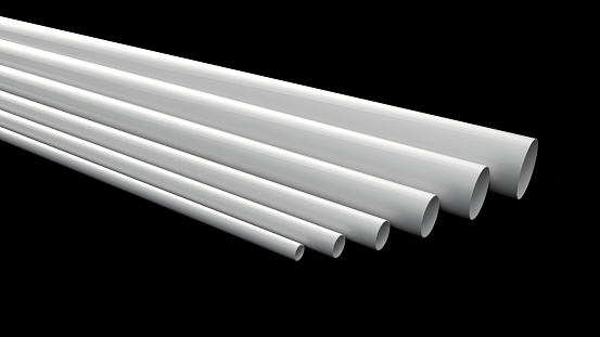 PVC pipes stacked in warehouse. Tubes PVC pipes 3D rendering
