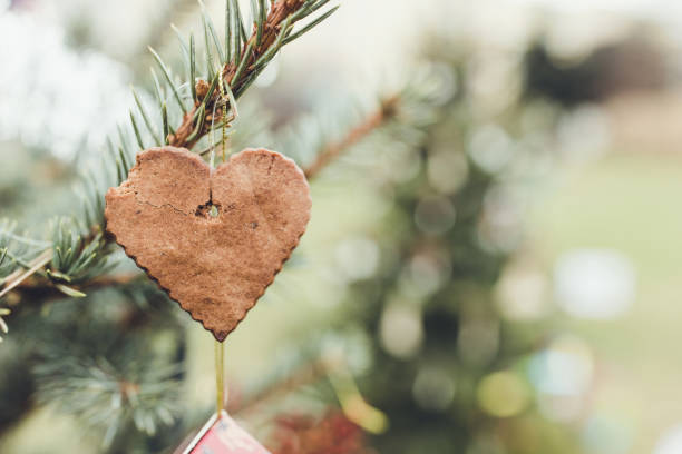Handmade gingerbread heart shaped cookie decoration on a Christmas tree. Outdoor background without snow. Diy creative ideas for children. Environmental concept. Selective focus, copy space