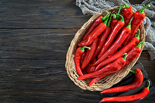 Close up photo of green and red chilli pepper hanging on twig in the farmyard.