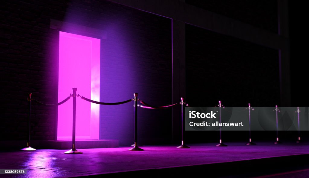 Nightclub Entrance Queue An evening scene outside a nightclub entrance emitting a pink light and an empty queue demarcated with barrier posts and rope - 3D render Building Entrance Stock Photo