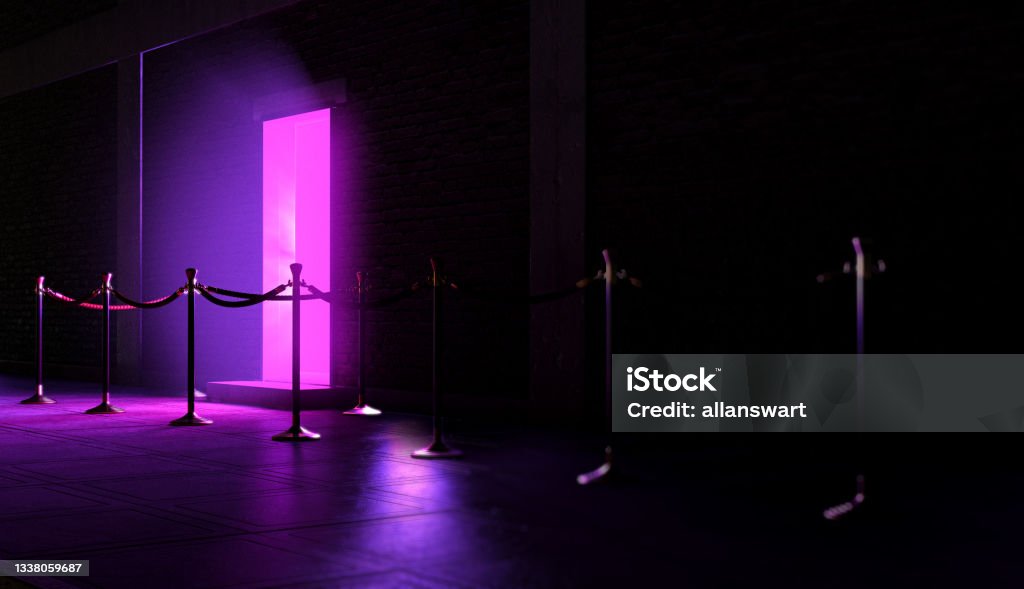 Nightclub Entrance Queue An evening scene outside a nightclub entrance emitting a pink light and an empty queue demarcated with barrier posts and rope - 3D render Nightclub Stock Photo