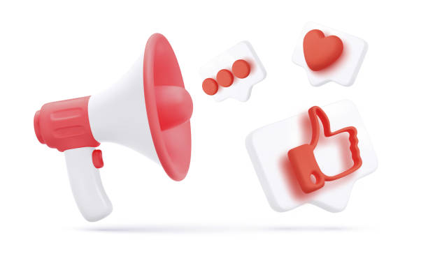 istock 3d white and red megaphone with flying social icons isolated on white background. Concept design for promo banner. Vector illustration 1338062717