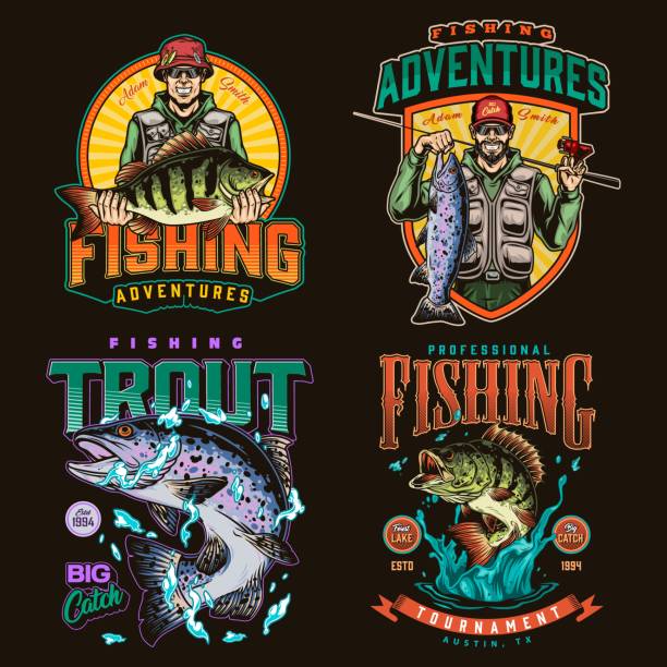 Colorful fishing vintage labels Colorful fishing vintage labels with rainbow trout and bass fishes in water splashes and smiling anglers in sunglasses with big catch isolated vector illustration fishing stock illustrations