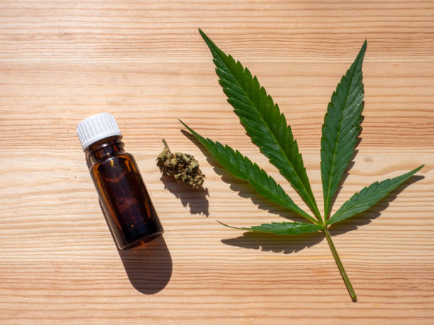 istock CBD OIL with a cannabis leaf on a wooden background 1338063866