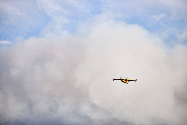 istock Hydroplane amidst ash clouds working to extinguish a forest fire. Natural disaster concept 1338064066