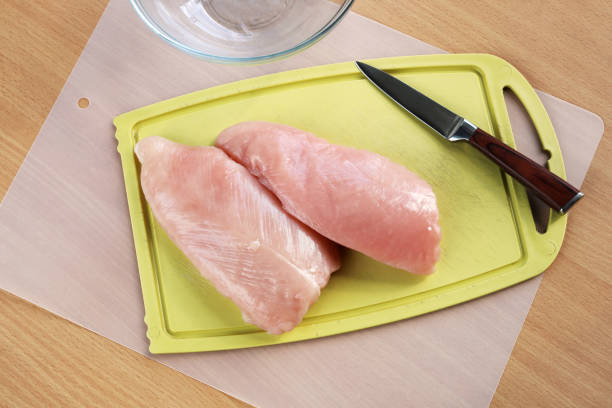 istock Turkey fillet on cutting board and knife on table 1338064183