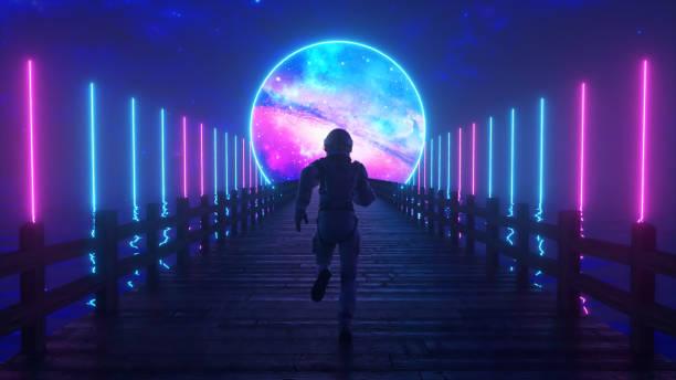 Astranaut runs along the endless wooden bridge across the ocean to his dream. Space circle with neon lighting ahead. 3d illustration stock photo