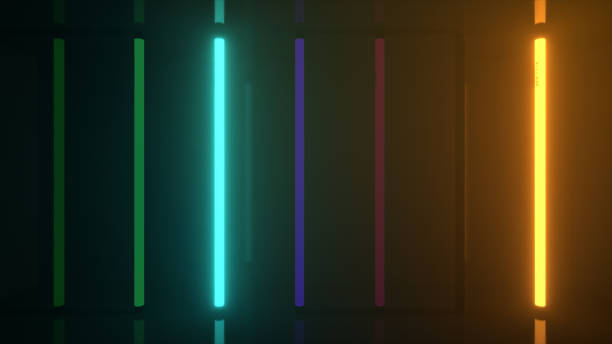 istock Neon halogen rainbow multicolored lamps glow with futuristic bright reflections. 3d illustration 1338064271