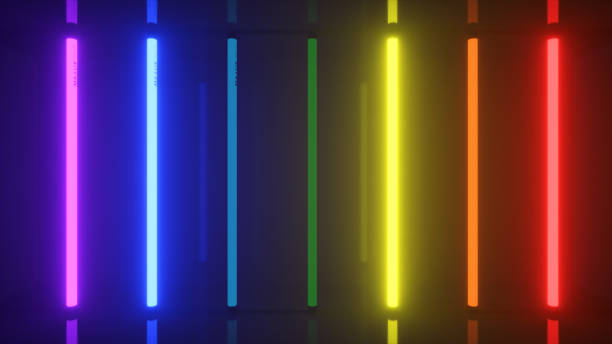 istock Neon halogen rainbow multicolored lamps glow with futuristic bright reflections. 3d illustration 1338064274